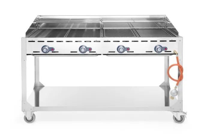 Barbecue Green Fire avec 4 brûleurs Profi Line sur support avec roulettes Gris 22kW - Hendi