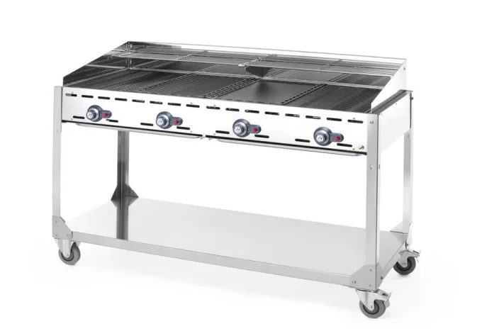 Barbecue Green Fire avec 4 brûleurs Profi Line sur support avec roulettes Gris 22kW - Hendi