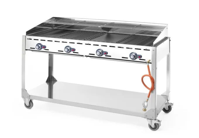 Barbecue Green Fire avec 4 brûleurs Profi Line sur support avec roulettes Gris 22kW - Hendi