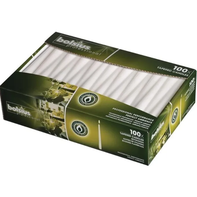 Bougies effilées Bolsius 254 mm blanches Lot de 100
