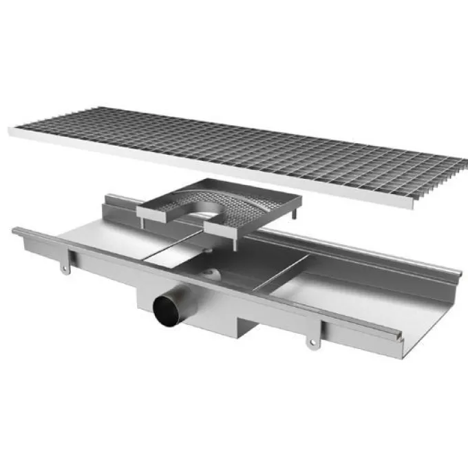 Caniveau de Sol avec Caillebotis Sortie Horizontale ø 63 mm et Filtre Carré - 800x300x140 mm - Virtus