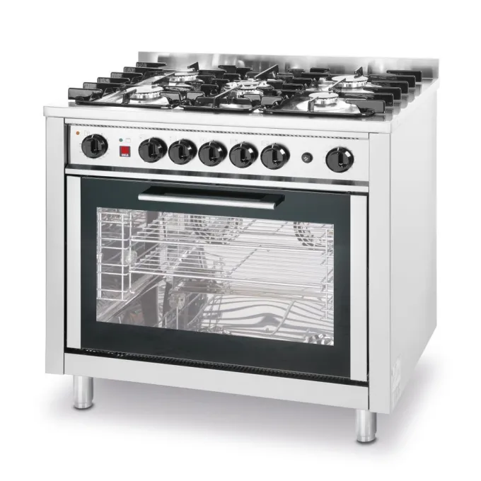Cuisinière à gaz - 5 feux avec four électrique Kitchen Line Argent 230V/2900W - Hendi