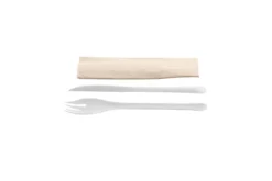 EKO Kit couvert blanc 4 en 1 en CPLA : couteau + fourchette + cuillère + serviette kraft - 500 unités - Betik