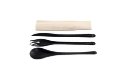 EKO Kit couvert noir 4 en 1 en CPLA : couteau + fourchette + cuillère + serviette kraft - 500 unités - Betik