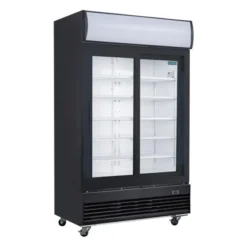 Frigo Professionnel Vitré Noir 2 Portes Coulissantes avec Caisson Lumineux Série G 950L - Polar