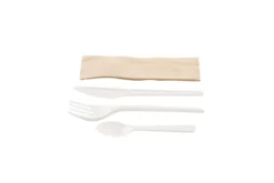 Kit couverts blanc 4 en 1 CPLA : couteau + fourchette + petite cuillère + serviette kraft - 500 unités - Betik