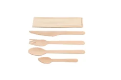 Kit couverts 5 en 1 en bois : couteau + fourchette + cuillère + petite cuillère + serviette kraft - 500 unités - Betik