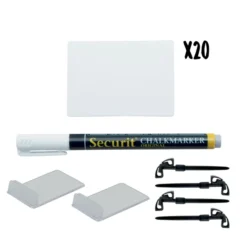 kit de 20 tags blancs | Format A8 | Incluant 1 feutres craie Noir | 4 piques ardoises et 2 support horizontal transparents - Securit