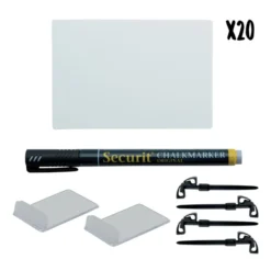 kit de 20 tags blancs | Format A7 | Incluant 1 feutres craie Noir | 4 piques ardoises et 2 support horizontal transparents - Securit