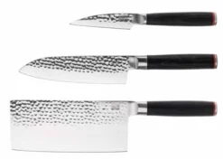 Le Set Asiatique Plus : 3 Couteaux dont un Couteau d'Office, Santoku, Hachoir et un Porte-Couteaux, un Fusil à Aiguiser - Kotai