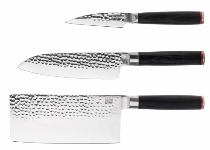 Le Set Asiatique Plus : 3 Couteaux dont un Couteau d'Office, Santoku, Hachoir et un Porte-Couteaux, un Fusil à Aiguiser - Kotai
