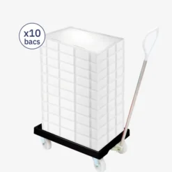Lot timon + socle rouleur + 10 bacs à pâtons 15 L + couvercle - Gilac