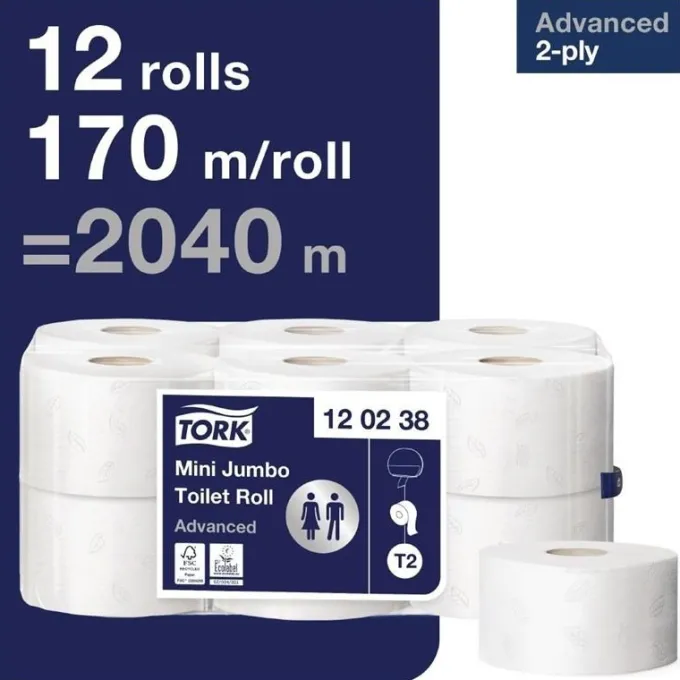 Papier Toilette 2 Plis Mini Jumbo 170m Lot de 12 Tork