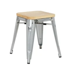 Tabourets Bistro Bas en Acier avec Assise en Bois - Lot de 4 - Bolero