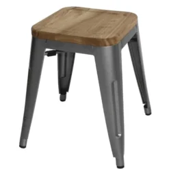 Tabourets Bistro Bas en Acier Gris Métal avec Assise en Bois - Lot de 4 - Bolero