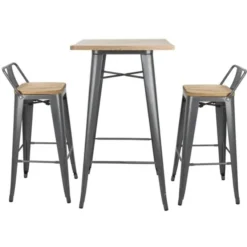 Tabourets Bistro Hauts avec Dossier et Assise en Bois Gris Métallisé - Lot de 4 - Bolero